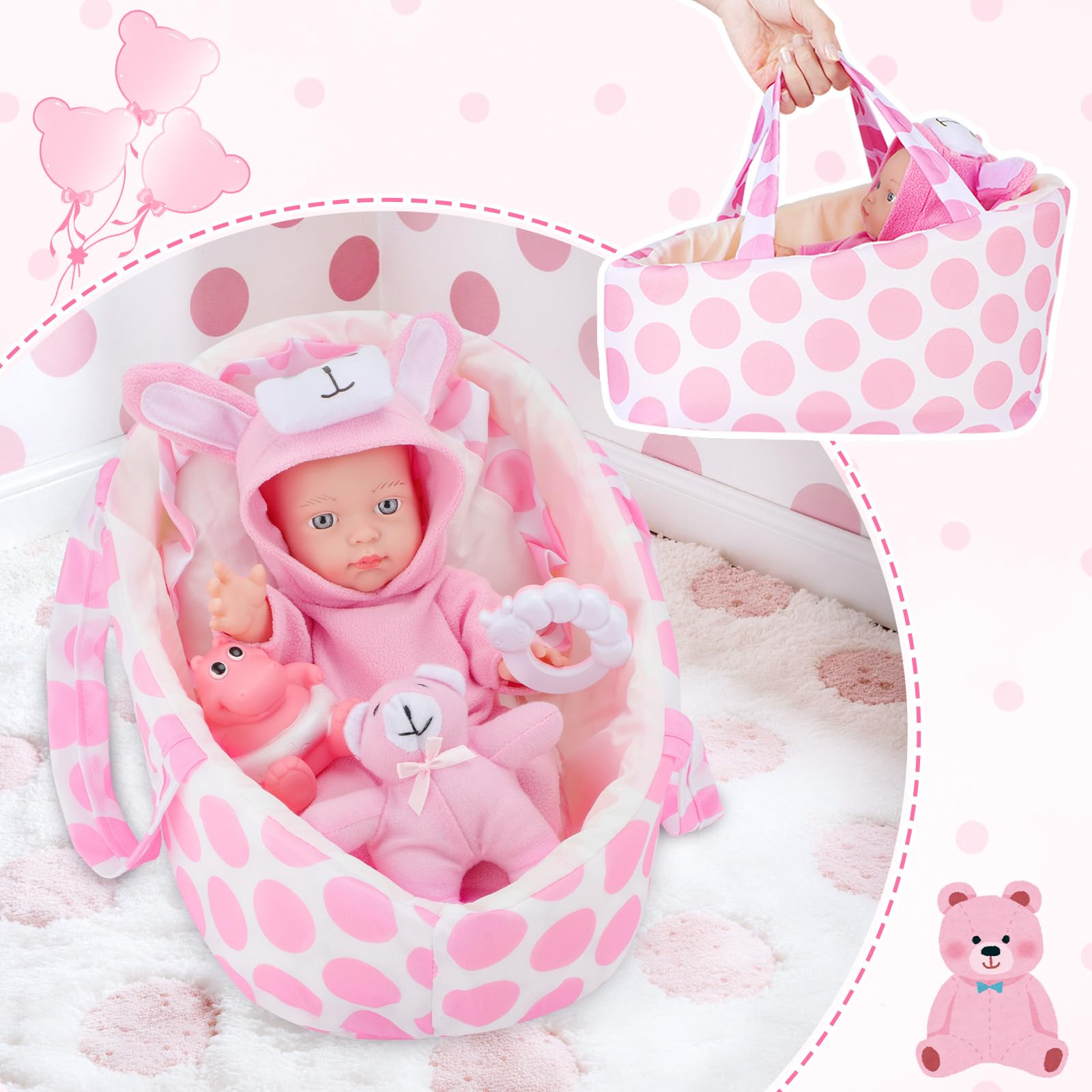 deAO 13 Inch16 PCS Baby Doll Playset with Clothes,Carrier Bassinet